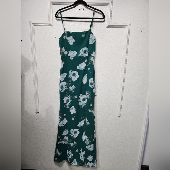 Lulus Feeling Elegant Green Floral Print Lace-Up Slit Maxi Dress S Wedding Party - Picture 8 of 11